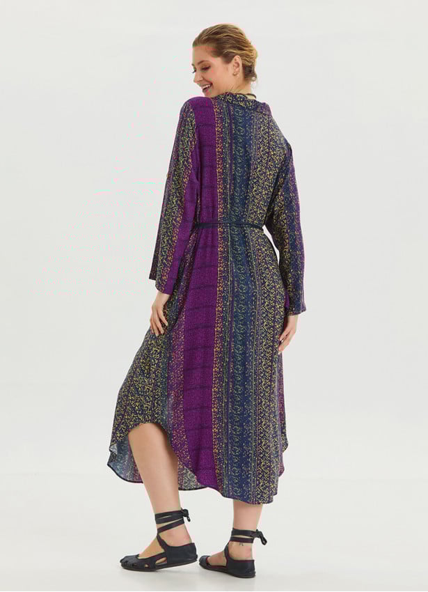 Shirt Collar Belt Detailed Purple Patterned Long Sleeve Dress 4449